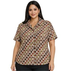 Voir Women lGeometric Print Shirt Short Sleeve Brown Multicolor Size XLarge